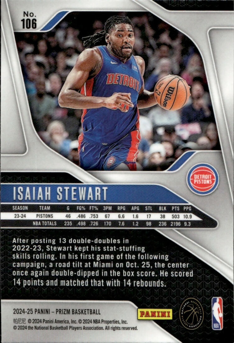 2024-25 Panini Prizm Basketball - Base #106 Isaiah Stewart - Detroit Pistons - B