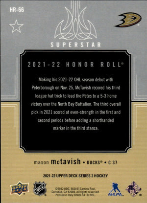 2021-22 Upper Deck Series 2 Hockey - Honor Roll #HR-66 Mason McTavish - Anaheim Ducks - B