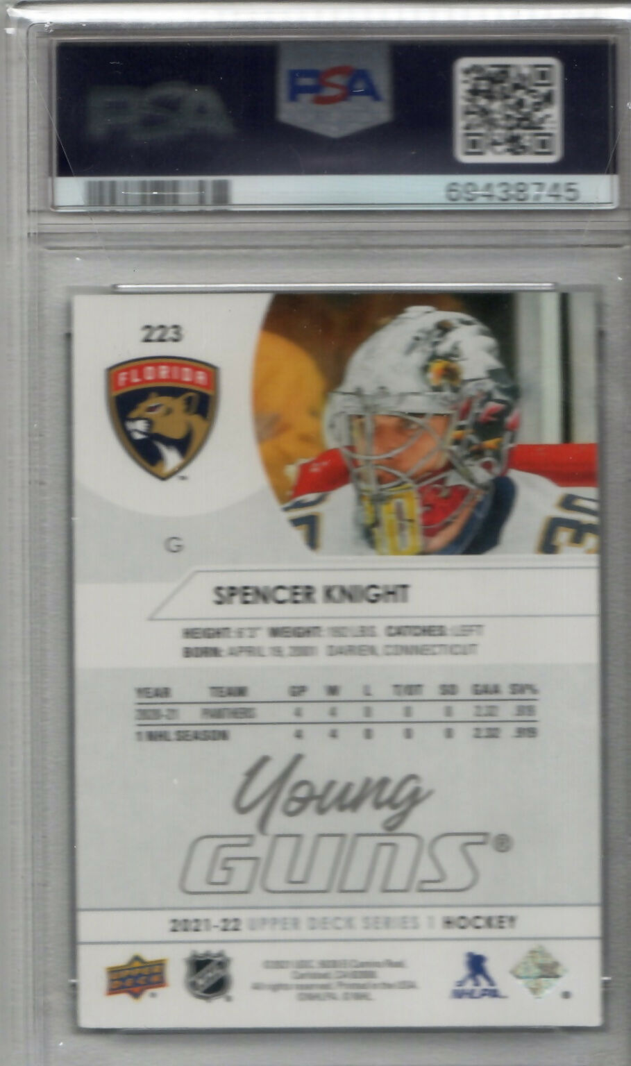2021-22 Upper Deck Series 1 Hockey - Base - Young Guns #223 Spencer Knight - Florida Panthers (PSA Graded 9) - B