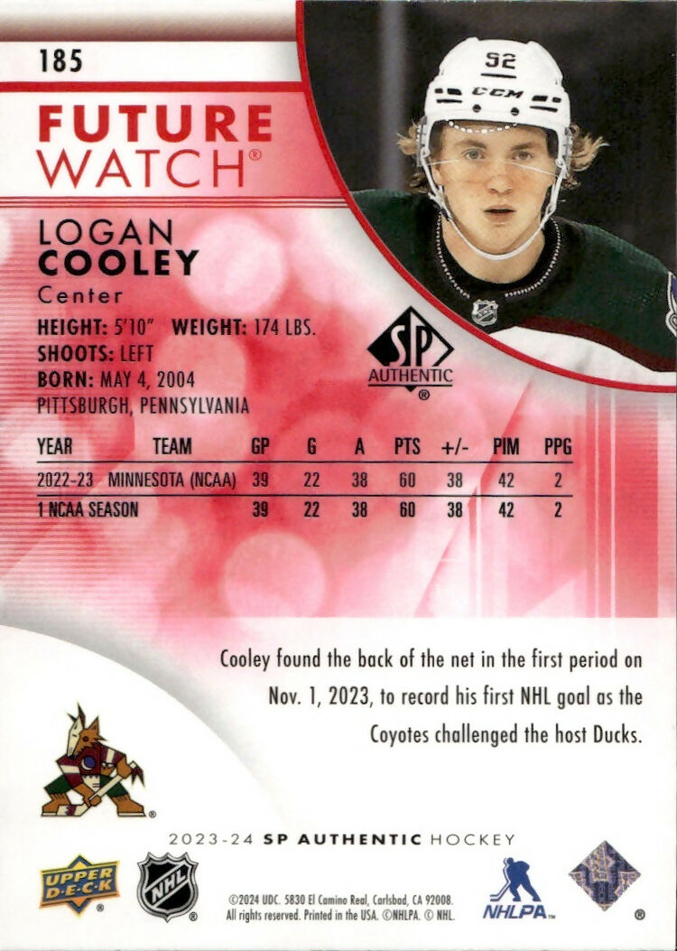 2023-24 Upper Deck SP Authentic Hockey - Base - Red Limited #185 Logan Cooley - Arizona Coyotes - B
