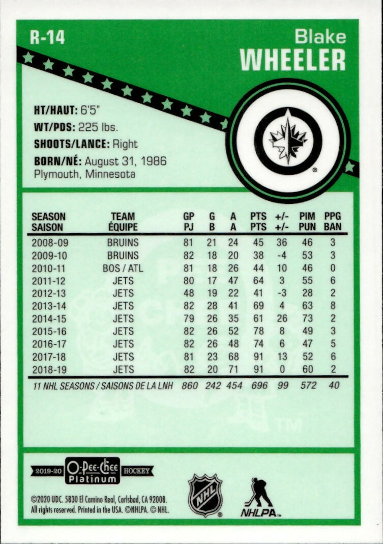 2019-20 Upper Deck O-Pee-Chee Platinum Hockey - Retro #R-14 Blake Wheeler - Winnipeg Jets