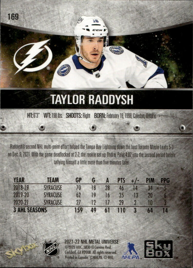 2021-22 Upper Deck Skybox Metal Universe - Base - Rookies #169 Taylor Raddysh - Tampa Bay Lightning - B