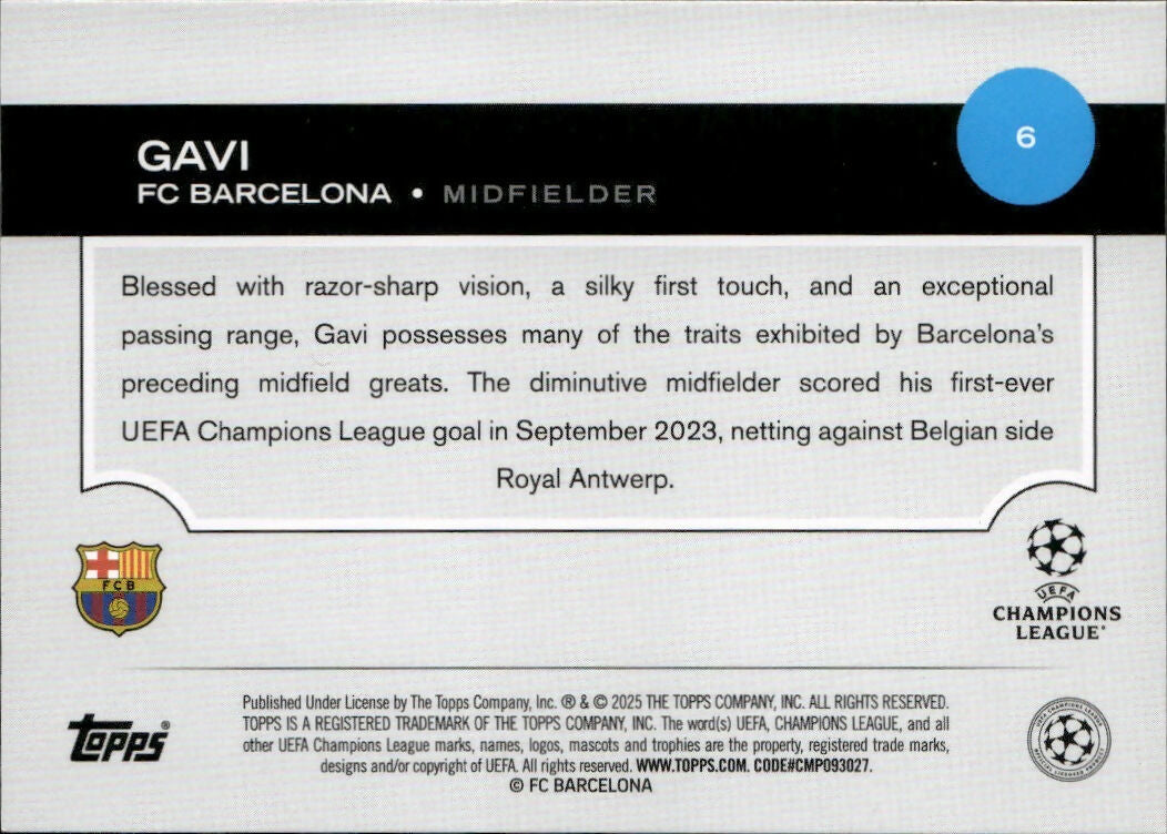 2024-25 Topps UEFA Club Competitions - Base #6 Gavi - FC Barcelona - B