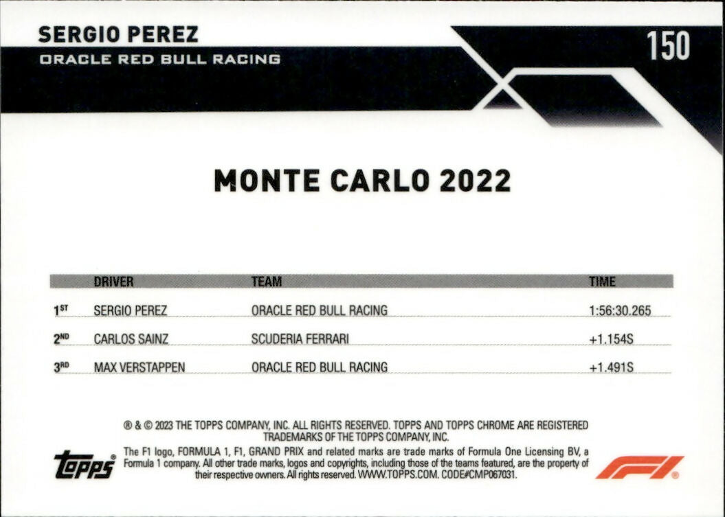 2023 Topps Chrome Formula 1 Base #150 - Grand Prix Winners Sergio Perez - Oracle Red Bull Racing - B