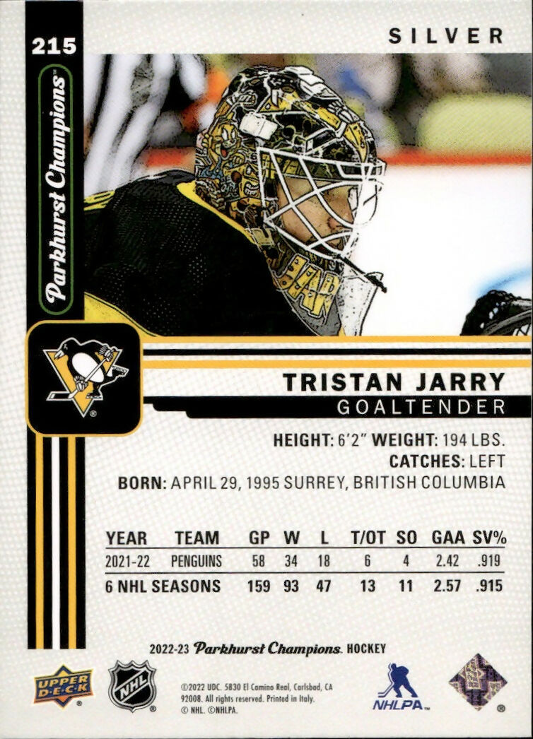 2022-23 Upper Deck Parkhurst Champions - Base - Silver #215 Tristan Jarry - Pittsburgh Penguins - B