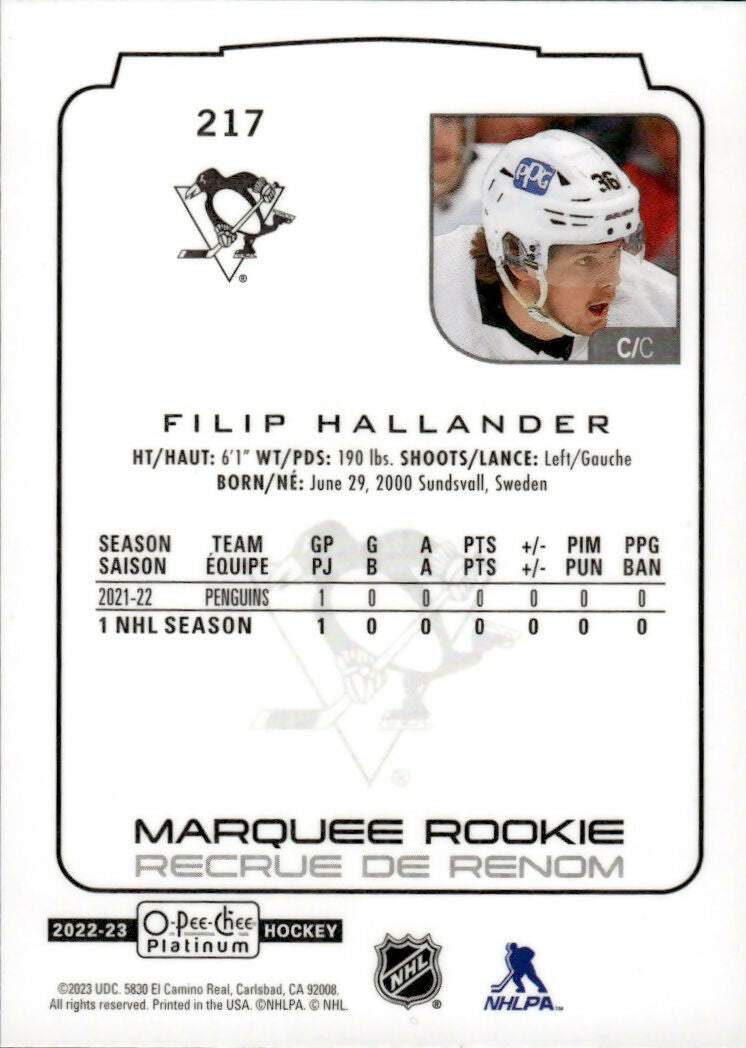 2022-23 Upper Deck O-Pee-Chee Platinum Hockey - Base - Marquee Rookie #217 Filip Hallander - Pittsburgh Penguins