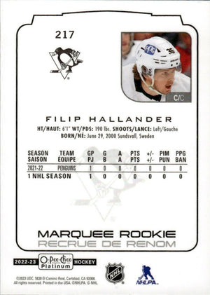 2022-23 Upper Deck O-Pee-Chee Platinum Hockey - Base - Marquee Rookie #217 Filip Hallander - Pittsburgh Penguins