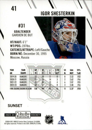 2023-24 Upper Deck O-Pee Chee Platinum Hockey - Base - Sunset #41 Igor Shesterkin - New York Rangers - B