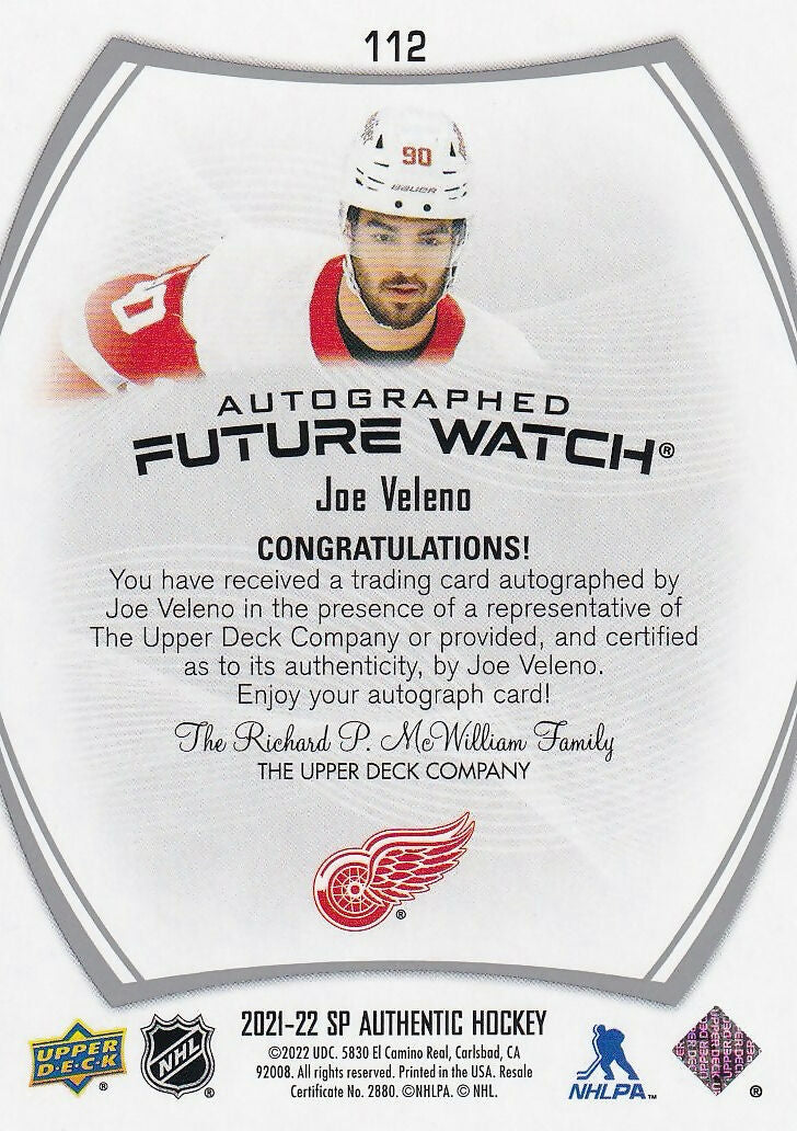 2021-22 SP Authentic Auto #112 Joe Veleno Detroit Red Wings Rookie