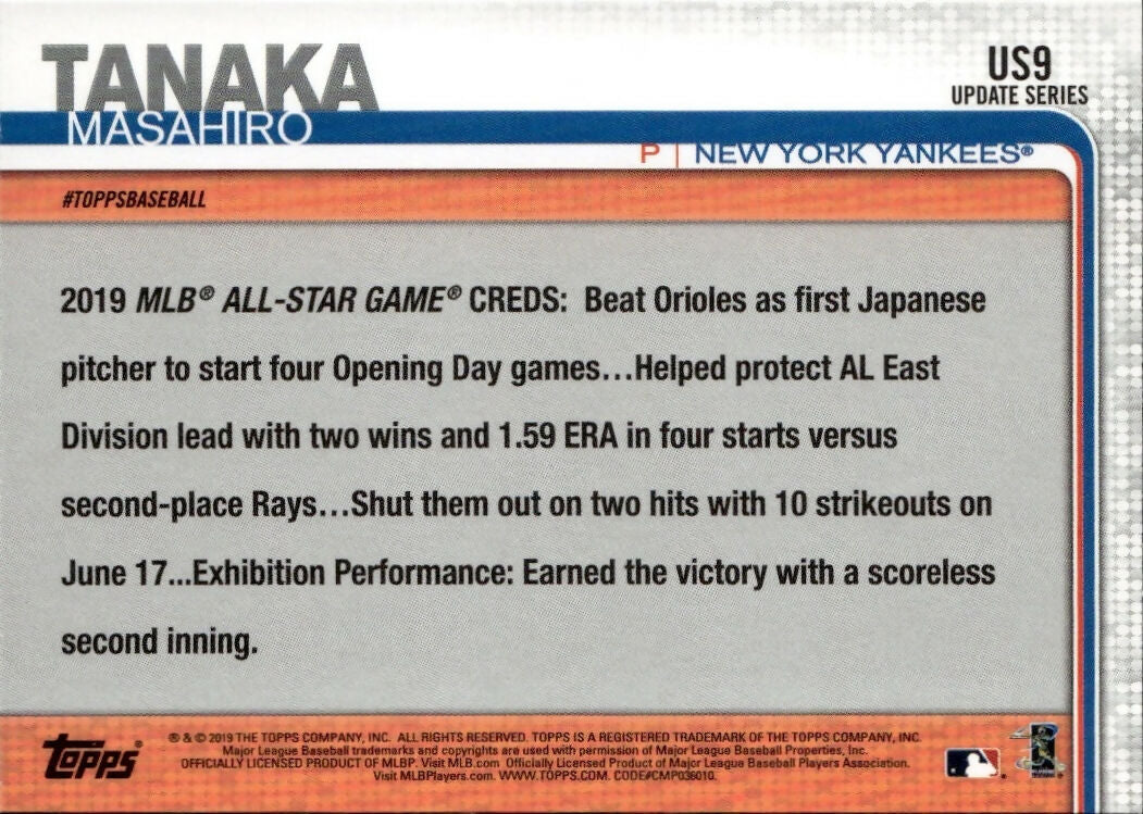 2019 Topps Update #US9 Masahiro Tanaka New York Yankees