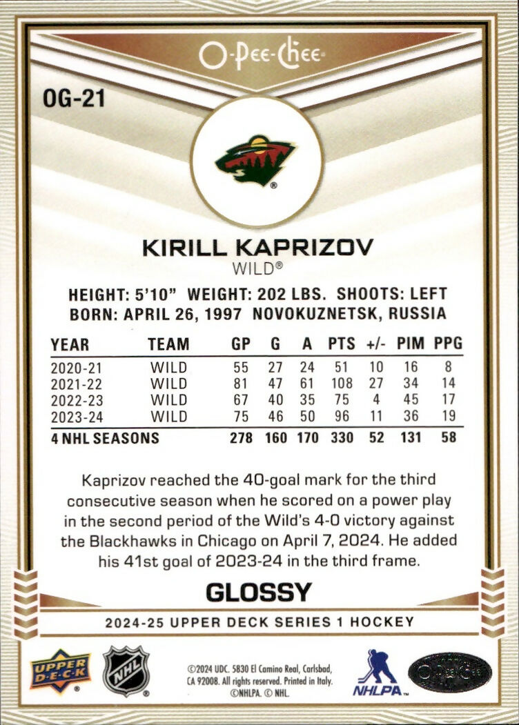 2024-25 Upper Deck Series 1 Hockey - O-Pee-Chee - Glossy #OG-21 Kirill Kaprizov - Minnesota Wild