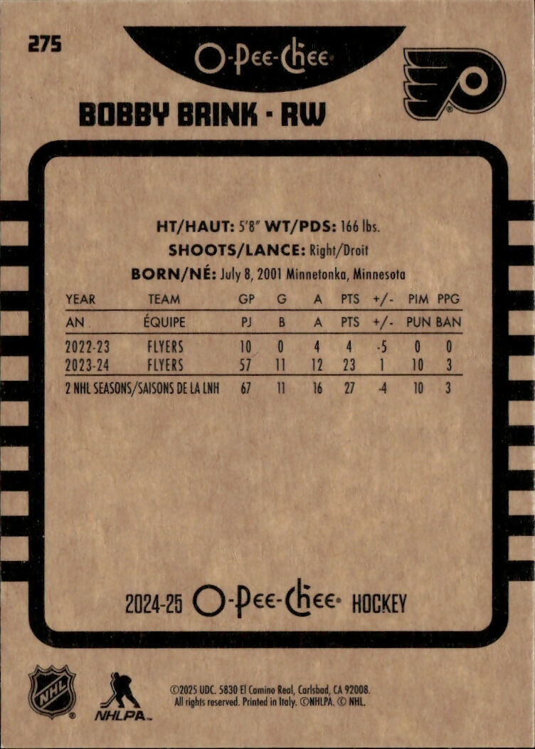 2024-25 Upper Deck O-Pee-Chee - Base - Retro #275 Bobby Brink - Philadelphia Flyers - B