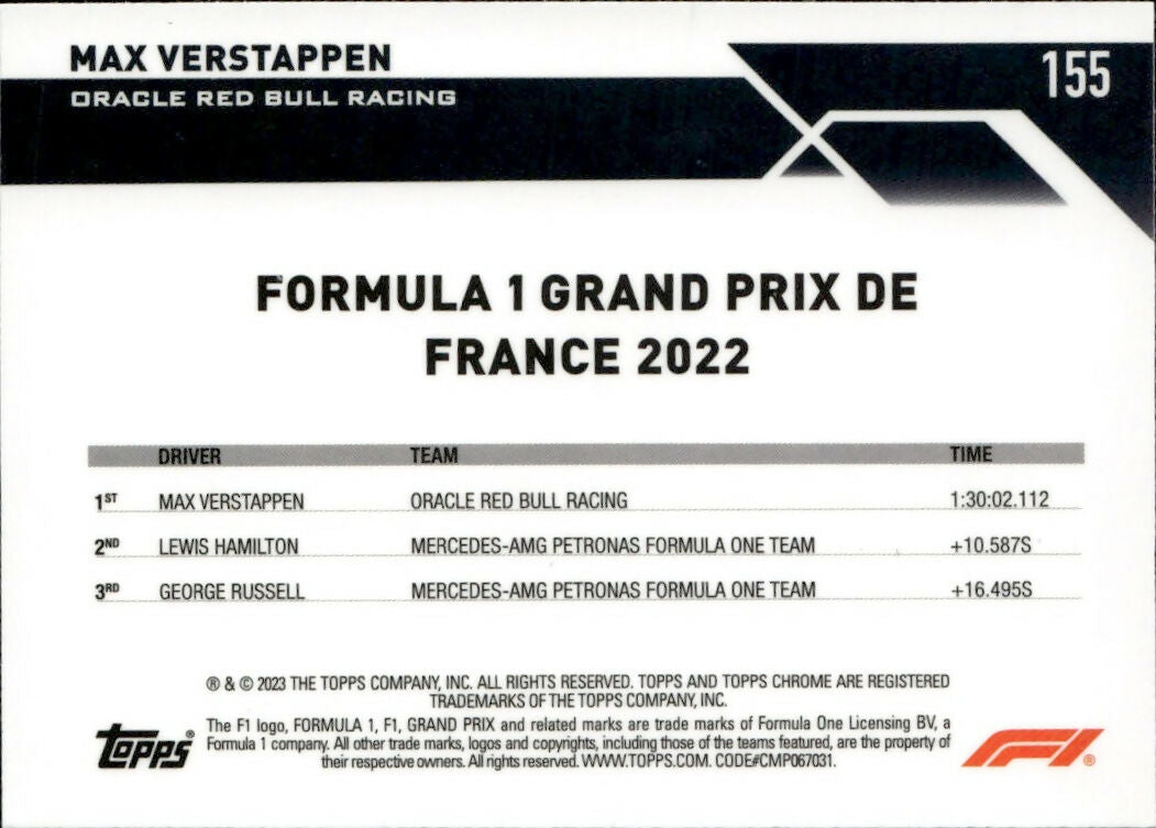 2023 Topps Chrome Formula 1 Base #155 - Grand Prix Winners Max Verstappen - Oracle Red Bull Racing - B