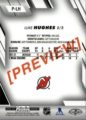 2023-24 Upper Deck O-Pee Chee Platinum Hockey - Base - Preview #P-LH Luke Hughes - New Jersey Devils - B