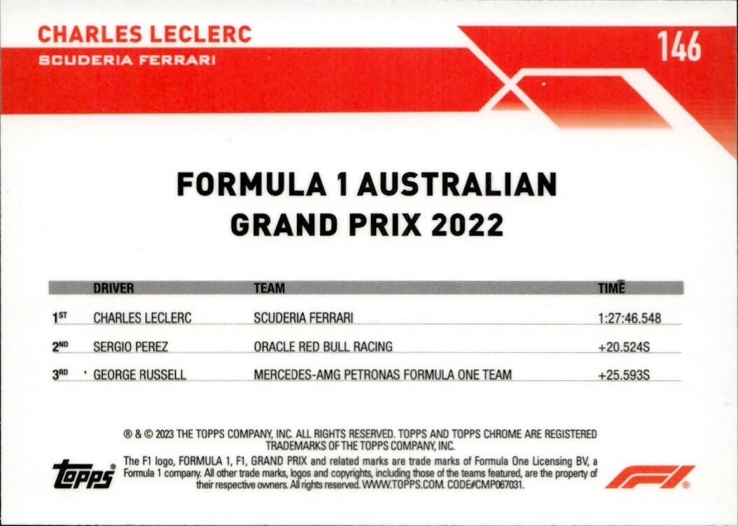 2023 Topps Chrome Formula 1 Base #146 - Grand Prix Winners Charles LeClerc - Scuderia Ferrari - B