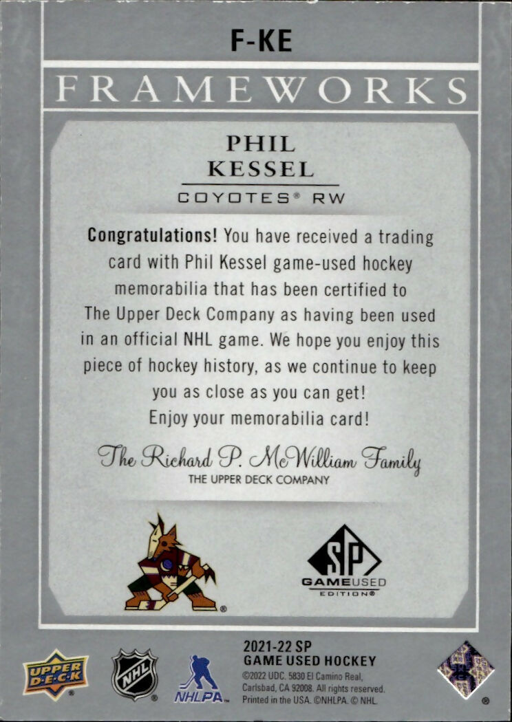 2021-22 Upper Deck SP Game Used Hockey - Frameworks #F-KE Phil Kessel - Arizona Coyotes - B