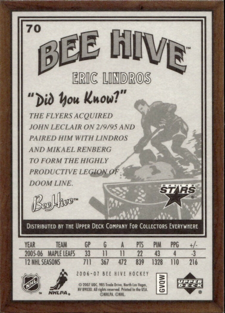 2006-07 Upper Deck - Bee Hive Hockey - Base #70 Eric Lindros - Dallas Stars - B