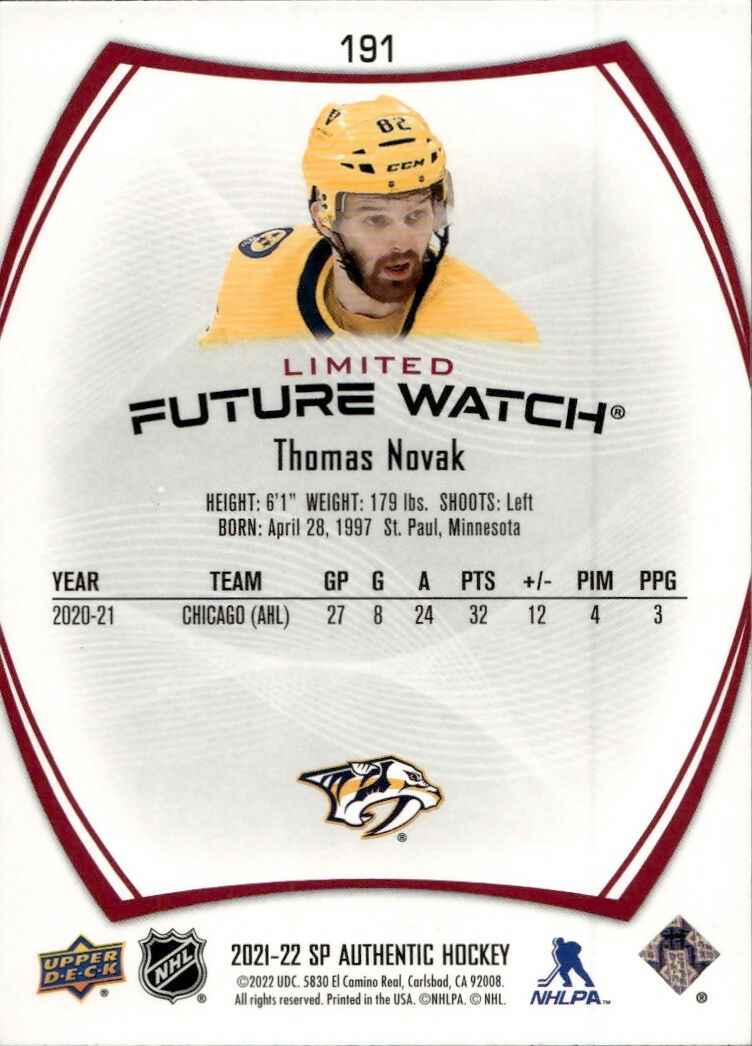 2021-22 Upper Deck SP Authentic Hockey - Base - Future Watch - Limited Red #191 Thomas Novak - Nashville Predators - B