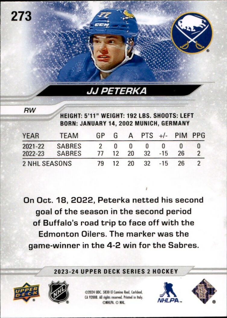 2023-24 Upper Deck Series 2 Hockey - Base #273 JJ Peterka - Buffalo Sabres - BA