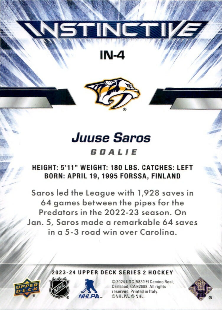 2023-24 Upper Deck Series 2 Hockey - Instinctive #IN-4 Juuse Saros - Nashville Predators - B