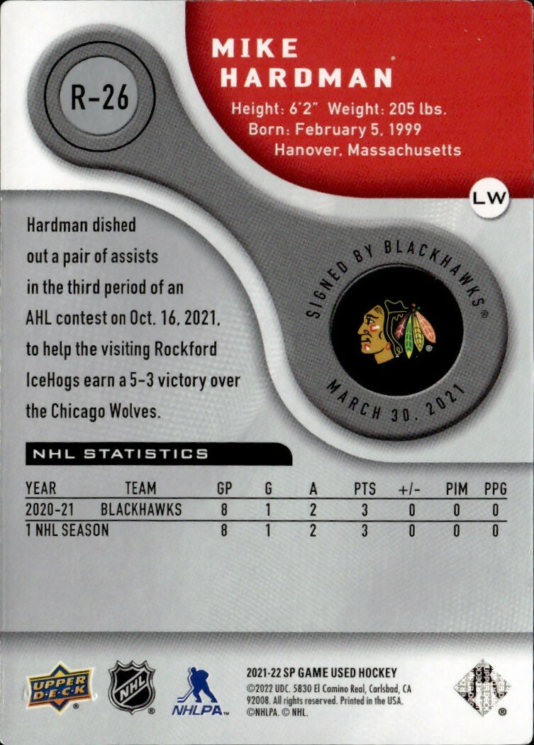 2021-22 Upper Deck SP Game Used Hockey - Authentic Rookie :999 #R-26 Mike Hardman - Chicago Blackhawks - B