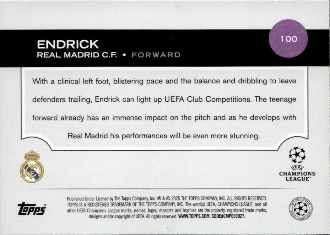 2024-25 Topps UEFA Club Competitions - Base #100 Endrick - Real Madris C.F. - B