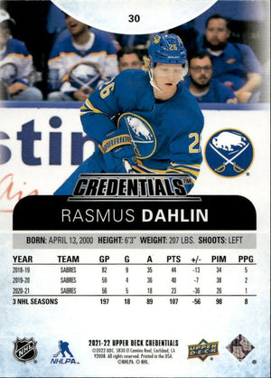 2021-22 Upper Deck Credentials Hockey - Base #30 Rasmus Dahlin - Buffalo Sabres - B