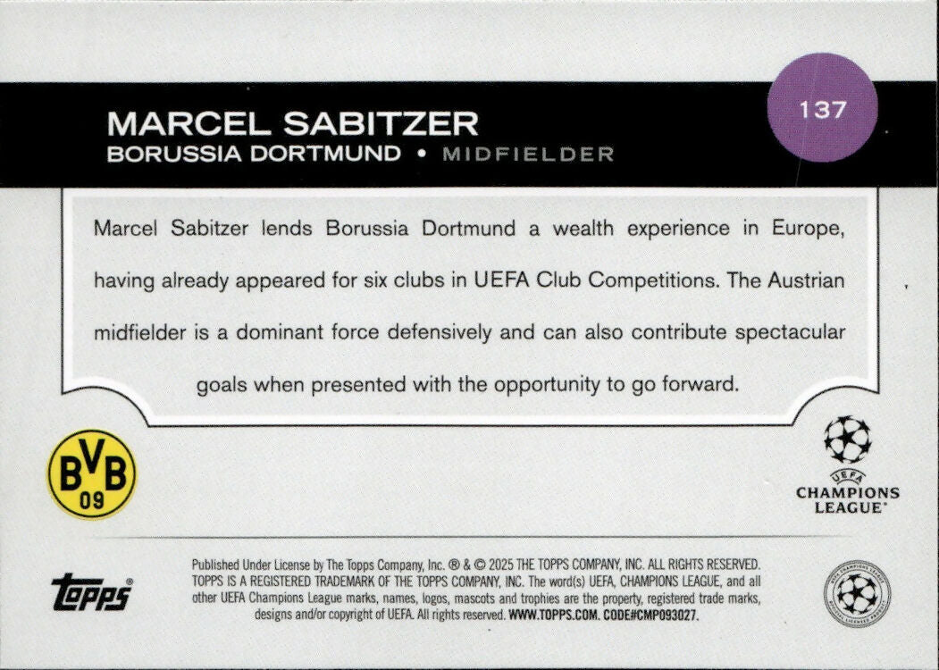 2024-25 Topps UEFA Club Competitions - Base #137 Marcel Sabtzer - Borussia Dortmund - B