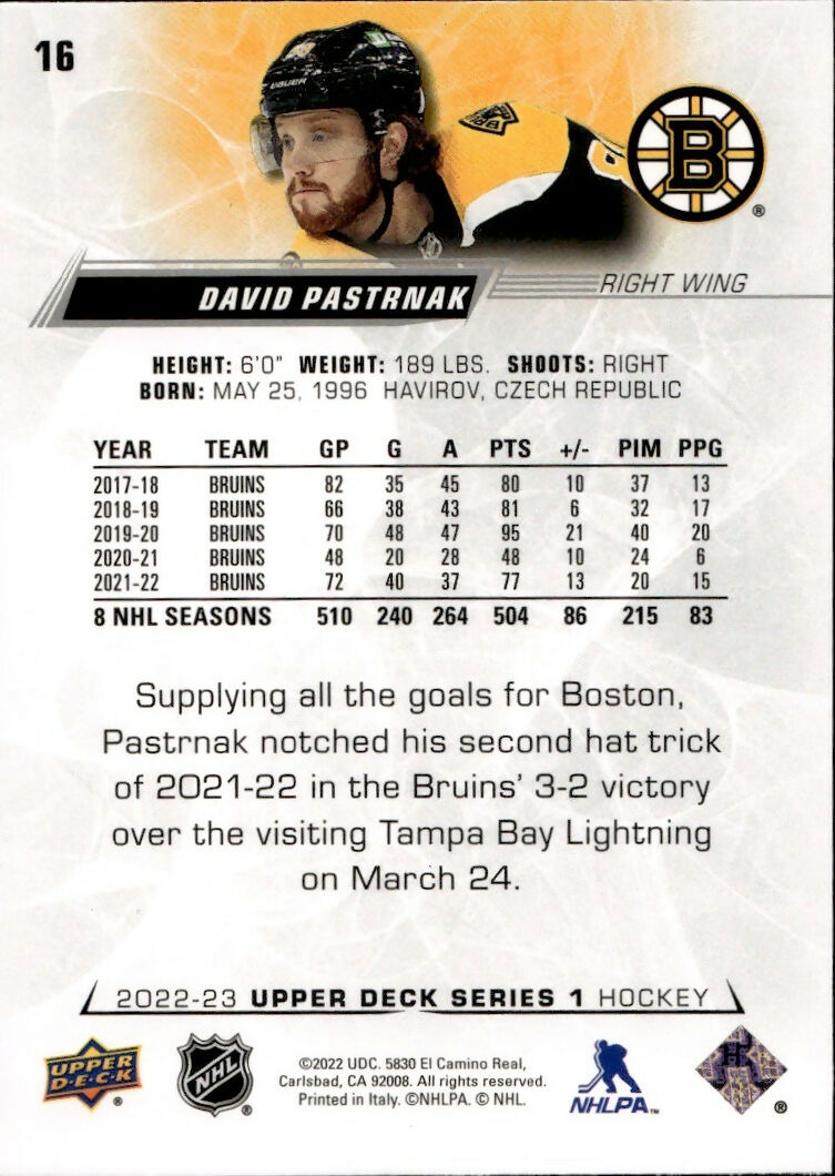 2022-23 Upper Deck Series 1 Hockey - Base #16 David Pastrnak - Boston Bruins - B