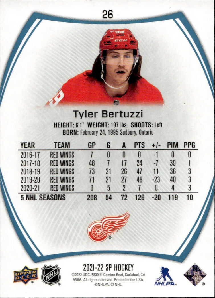 2021-22 Upper Deck SP Hockey - Base - Blue #26 Tyler Bertuzzi - Detroit Red Wings - B