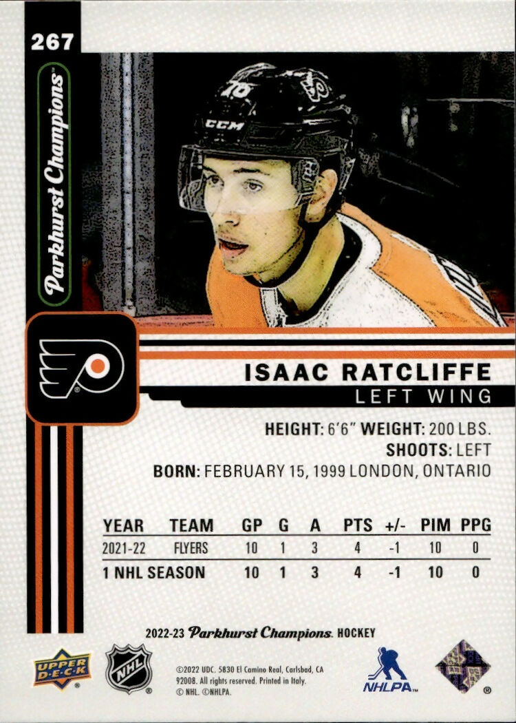 2022-23 Upper Deck Parkhurst Champions - Base #267 Isaac Ratcliffe - Philadelphia Flyers - B