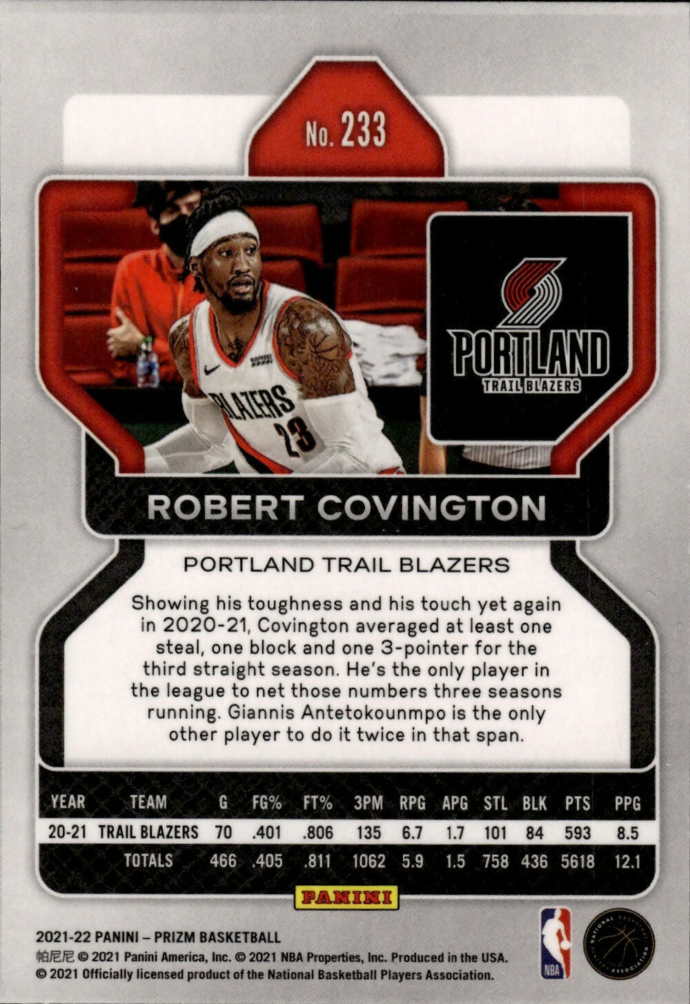 2021-22 Panini Prizm Basketball - Base # 233 Robert Covington - Portland Trial Blazers