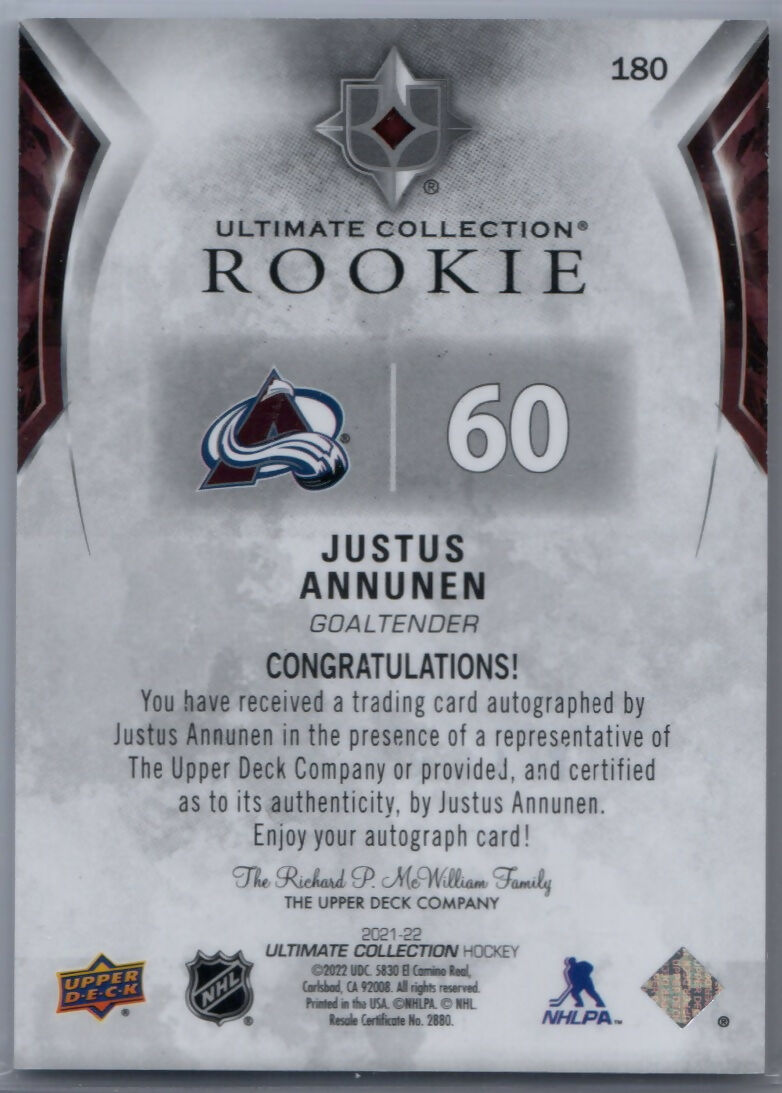 2021-22 Upper Deck Ultimate Collection Hockey #180 Justus Annunen - Colorado Avalanche - B