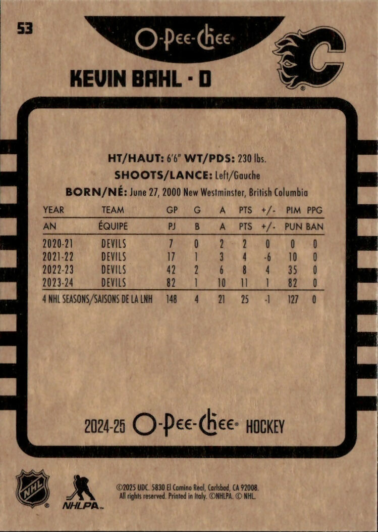 2024-25 Upper Deck O-Pee-Chee - Base - Retro #53 Kevin Bahl - Calgary Flames - B