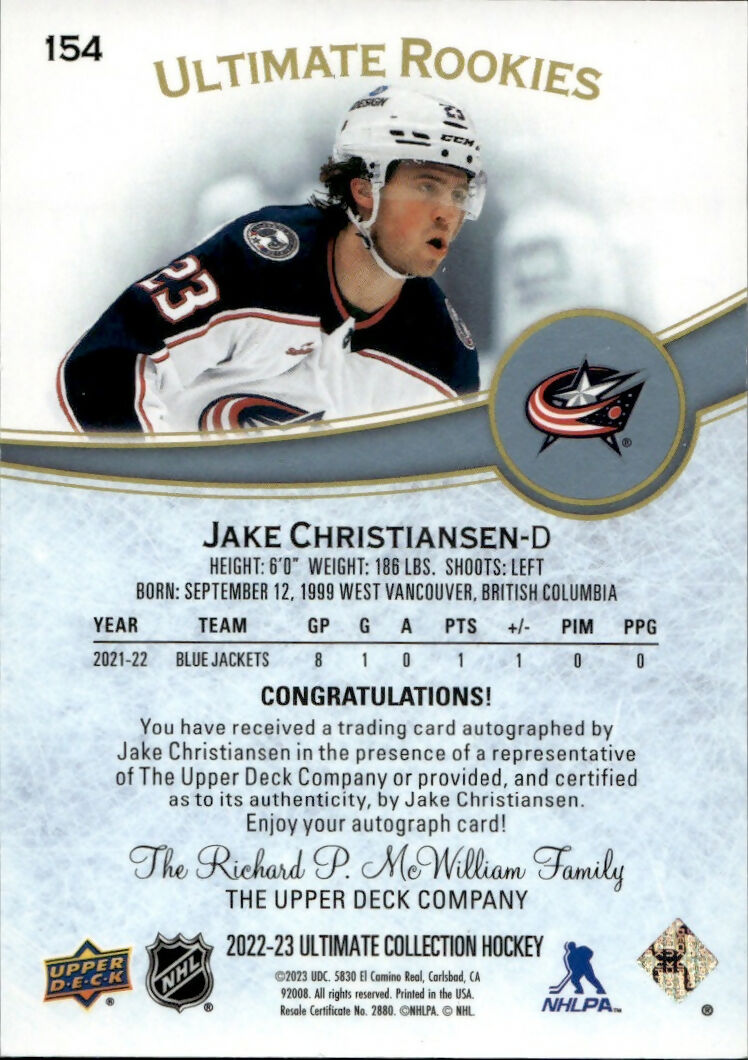 2022-23 Upper Deck Ultimate Collection Hockey - Base - Autographs :299 #154 Jake Christiansen - Columbus Blue Jackets - B