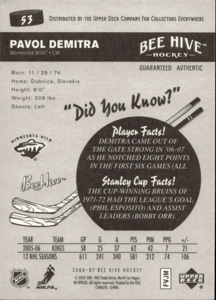 2006-07 Upper Deck - Bee Hive Hockey - Base #53 Pavol Demitra - Minnesota Wild - B