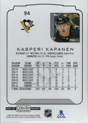 2022-23 Upper Deck O-Pee-Chee Platinum Hockey - Base #94 Kasperi Kapanen - Pittsburgh Penguins