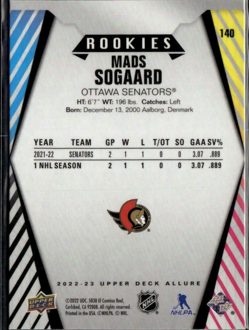 2022-23 Upper Deck Allure Hockey - Base - Rookies #140 Mads Sogaard - Ottawa Senators
