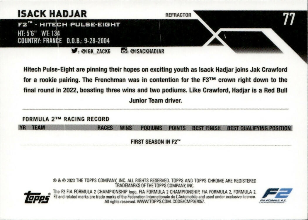 2023 Topps Chrome Formula 1 Base #77 - F2 Drivers - Refractor Isack Hadjar - F2 Htech Pulse-Eight - B