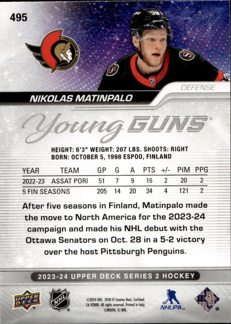 2023-24 Upper Deck Series 2 Hockey - Base - Young Guns #495 Nikolas Matinpalo - Ottawa Senators - B