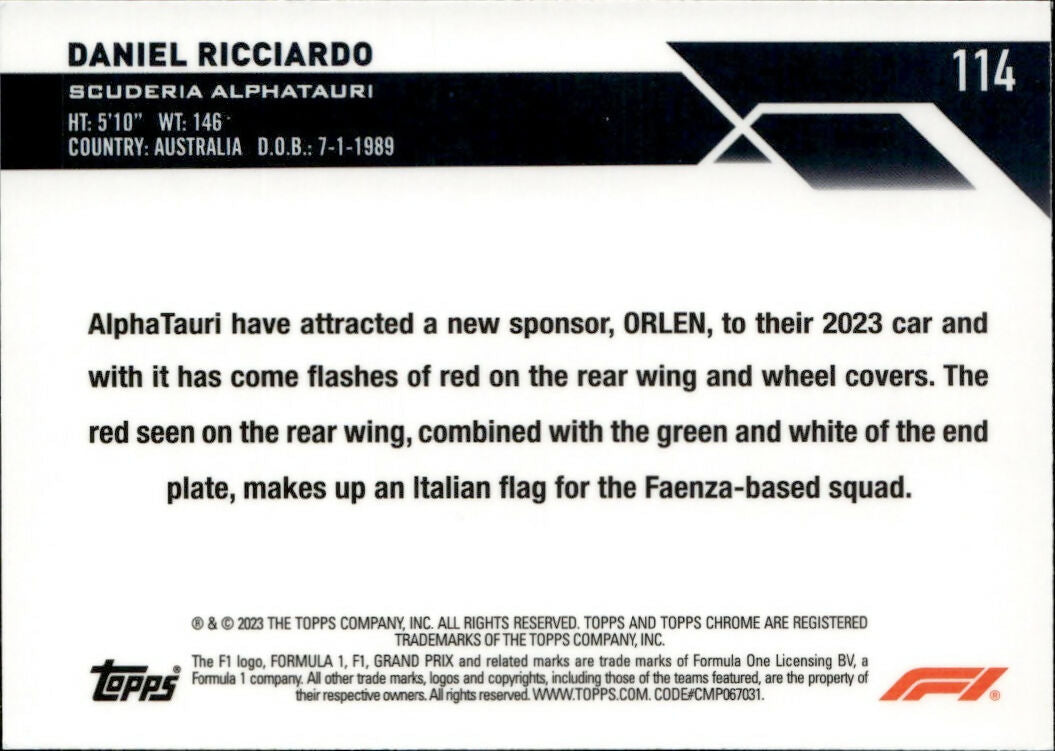 2023 Topps Chrome Formula 1 Base #114 - F1 Cars Daniel Ricciardo - Scuderia Alphatauri - B