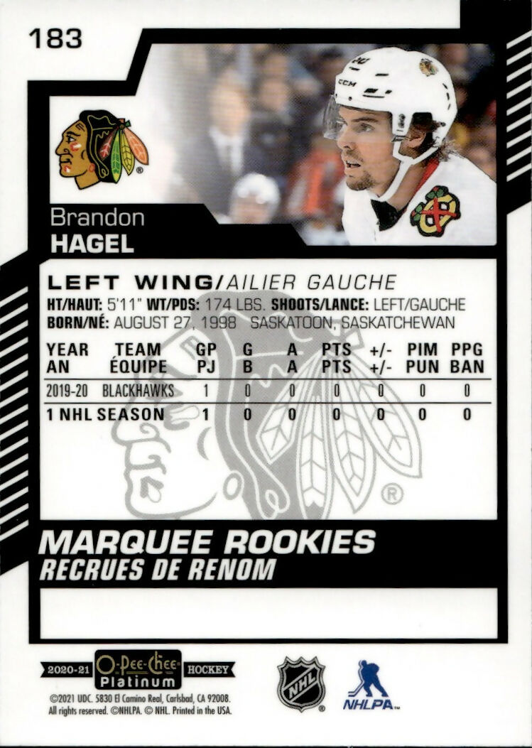 2020-21 Upper Deck O-Pee-Chee Platinum - Base - Marquee Rookie #183 Brandon Hagel - Chicago Blackhawks - B