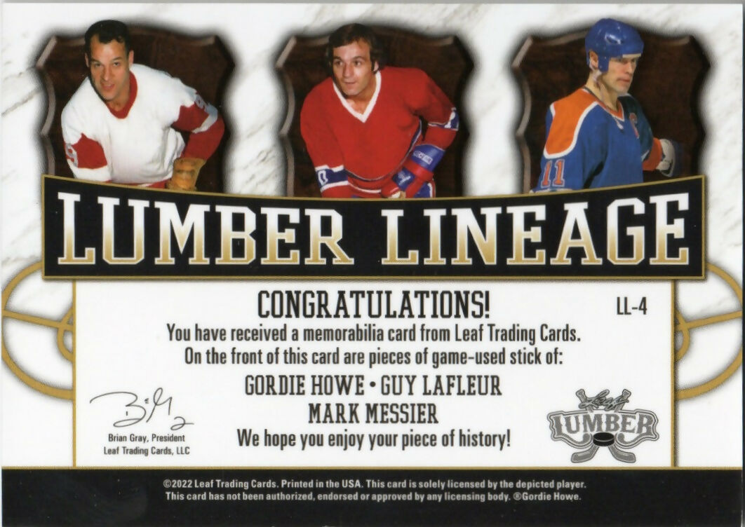 2022 Leaf Lumber - Lumber Lineage :9 #LL-4 Gordie Howe:Guy Lafleur:Mark Messier - B