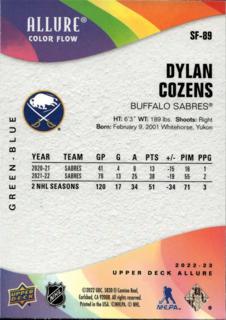 2022-23 Upper Deck Allure Hockey - Color Flow - Green-Blue #SF-89 Dylan Cozens - Buffalo Sabres - B