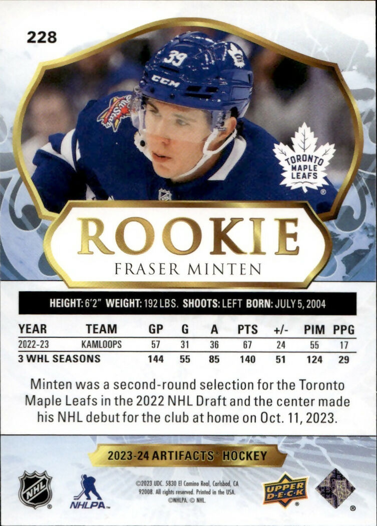2023-24 Upper Deck Artifacts Hockey - Base - Rookie :999 #228 Fraser Minton - Toronto Maple Leafs - B