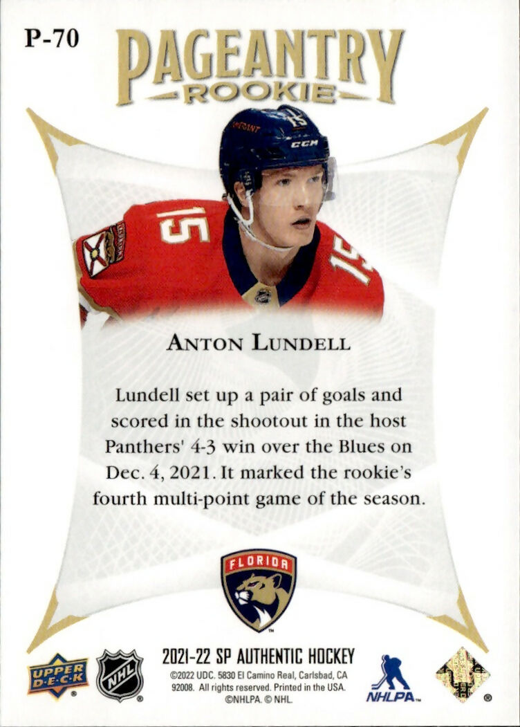 2021-22 Upper Deck SP Authentic Hockey - Pageantry #P-70 Anton Lundell - Florida Panthers - B