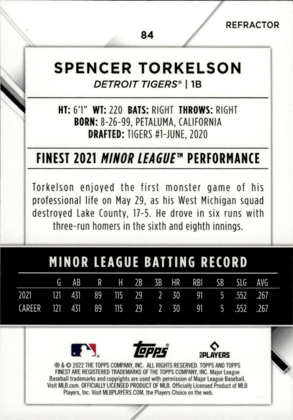 2022 Topps Finest Baseball - [Base] #84 Spencer Torkelson - Detroit Tigers - B