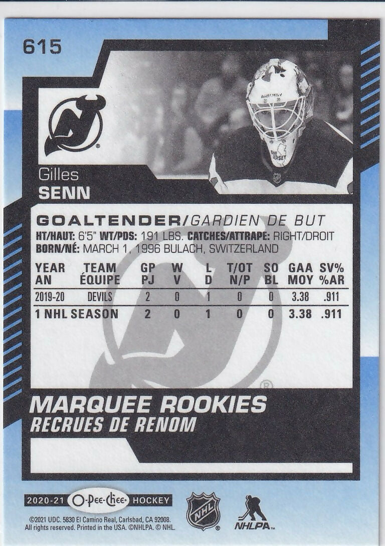 2020-21 Upper Deck 2020-21 O-Pee-Chee Update Blue #615 Gilles Senn New Jersey Devils Rookie