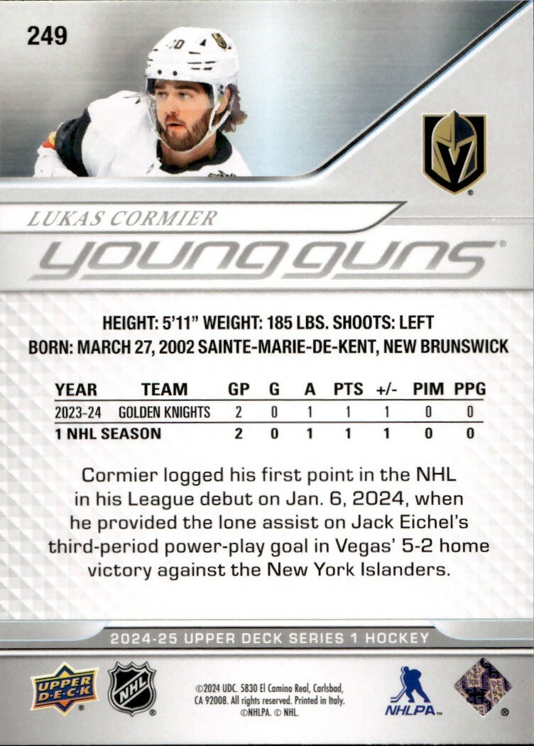 2024-25 Upper Deck Series 1 Hockey - Base - Young Guns #249 Lukas Cormier - Vegas Golden Knights - B