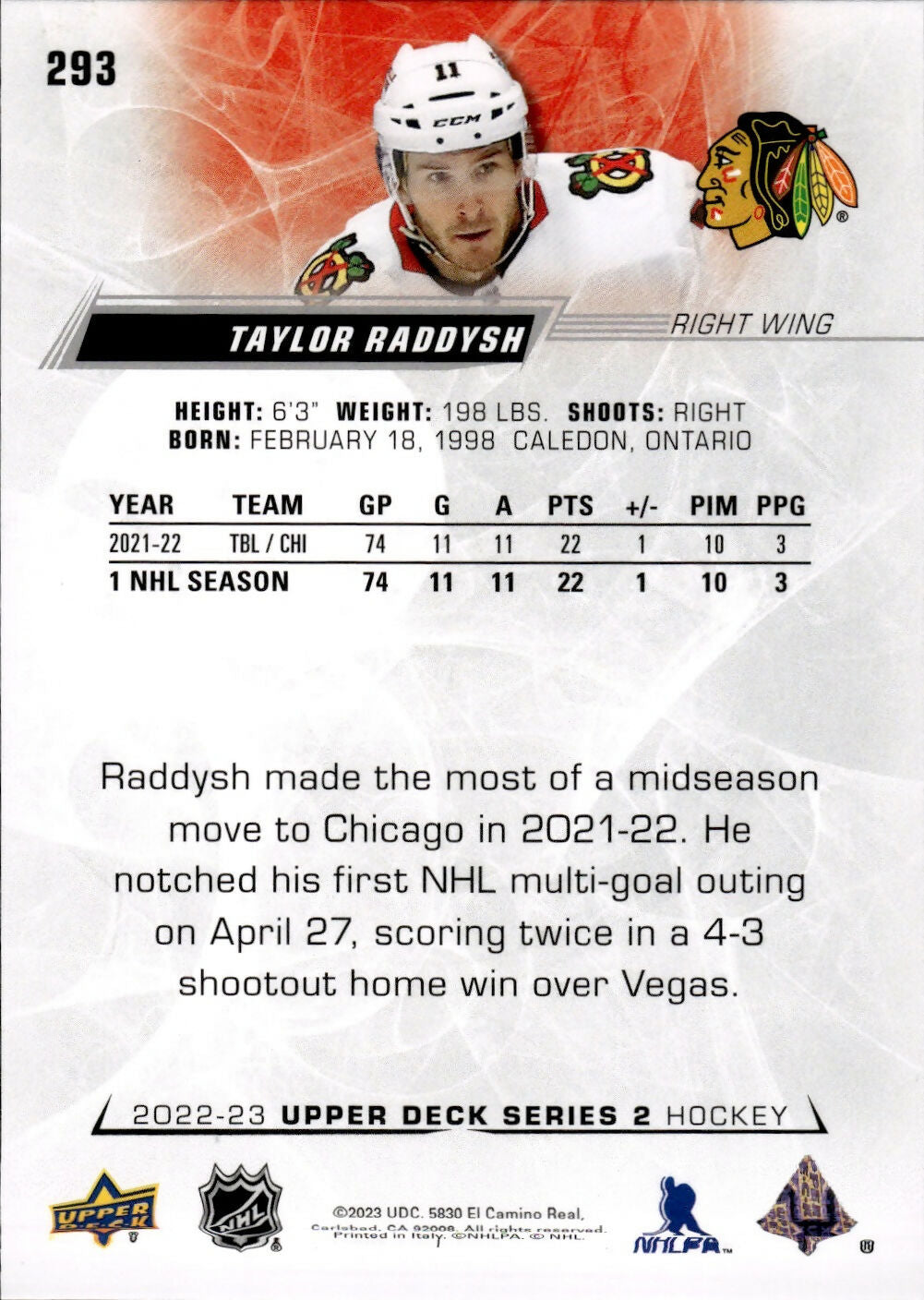 2022-23 Upper Deck Series 2 Hockey - Base #293 Taylor Raddysh - Chicago Blackhawks - B